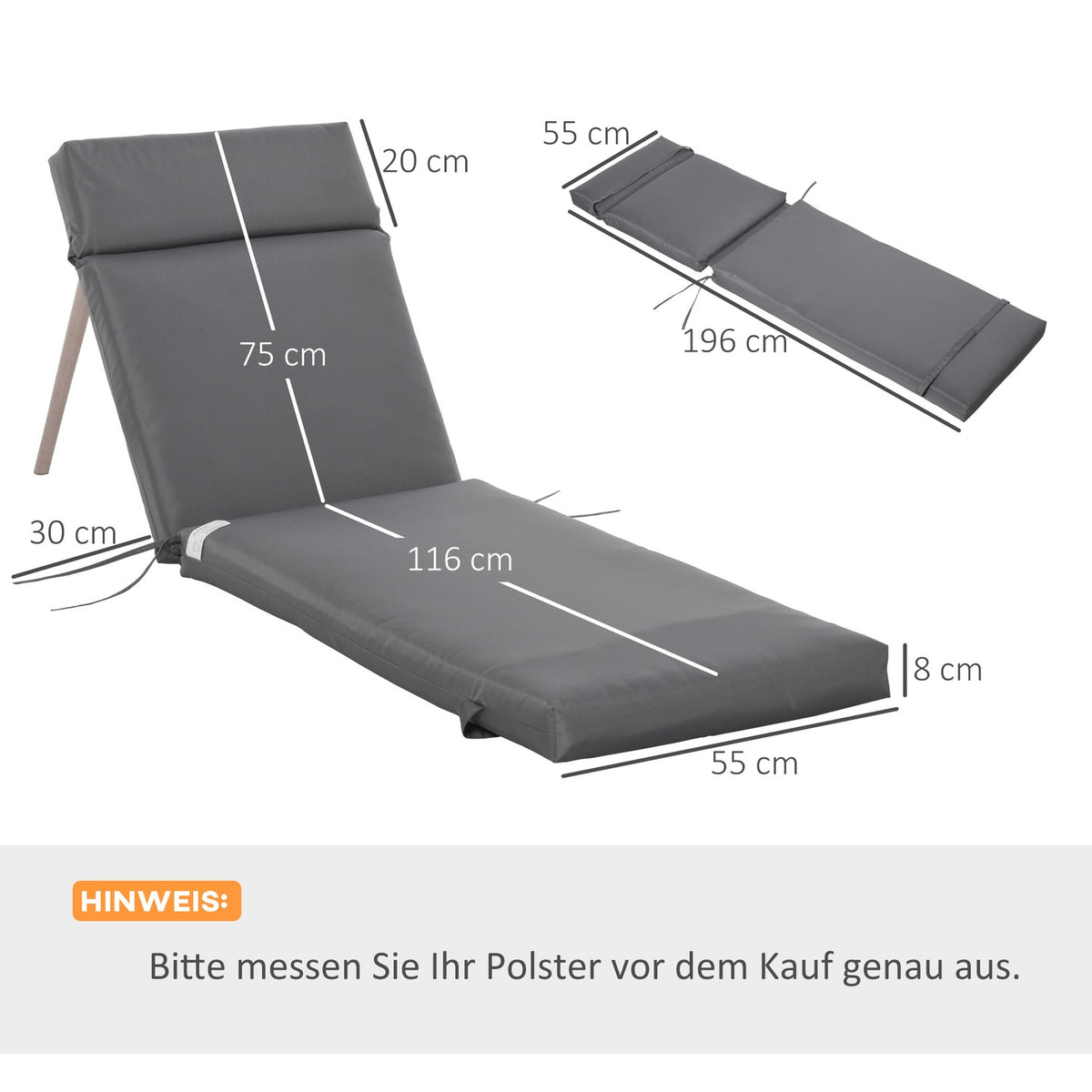 Set of 2 cushions for sun loungers, flame-retardant lounger cushions with straps for garden loungers, 8 cm thick, upholstered cushions, deck chair cushions for garden furniture, cushions for deck chairs, 196 x 55 x 8 cm, dark gray