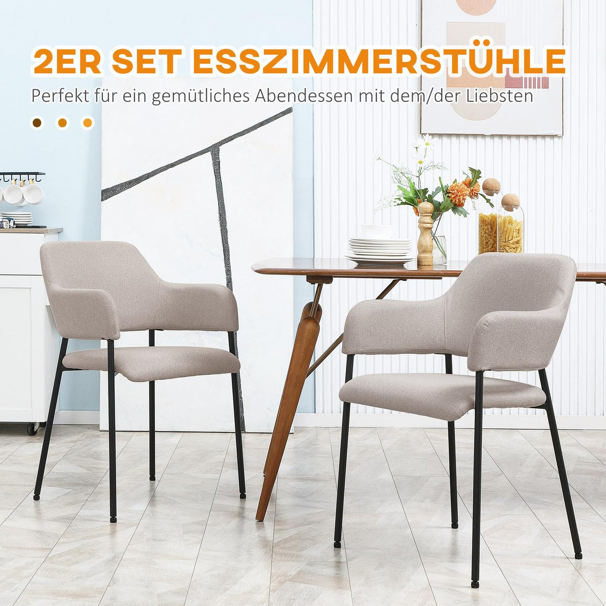 Set of 2 dining chairs, kitchen chairs with backrest, upholstered chairs with steel legs for living room, kitchen, beige, 54 x 54 x 84 cm