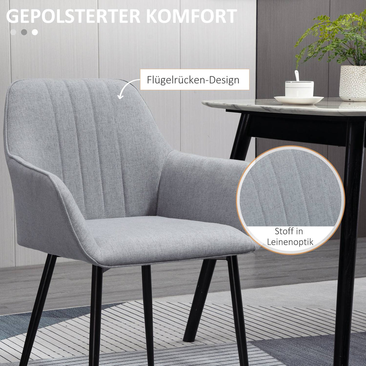 Set of 2 dining room chairs, upholstered chairs with breathable linen cover, for living room/kitchen, light gray, 59.5x56.5x81cm