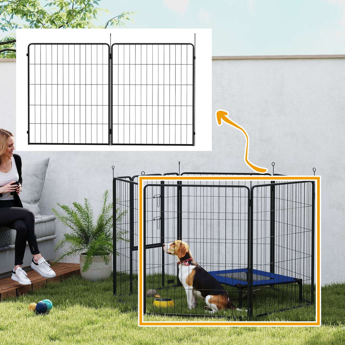 Set of 2 extension 2 dog fence panels for outdoor enclosures, 80 x 100 cm steel puppy fence, for small to large dogs black