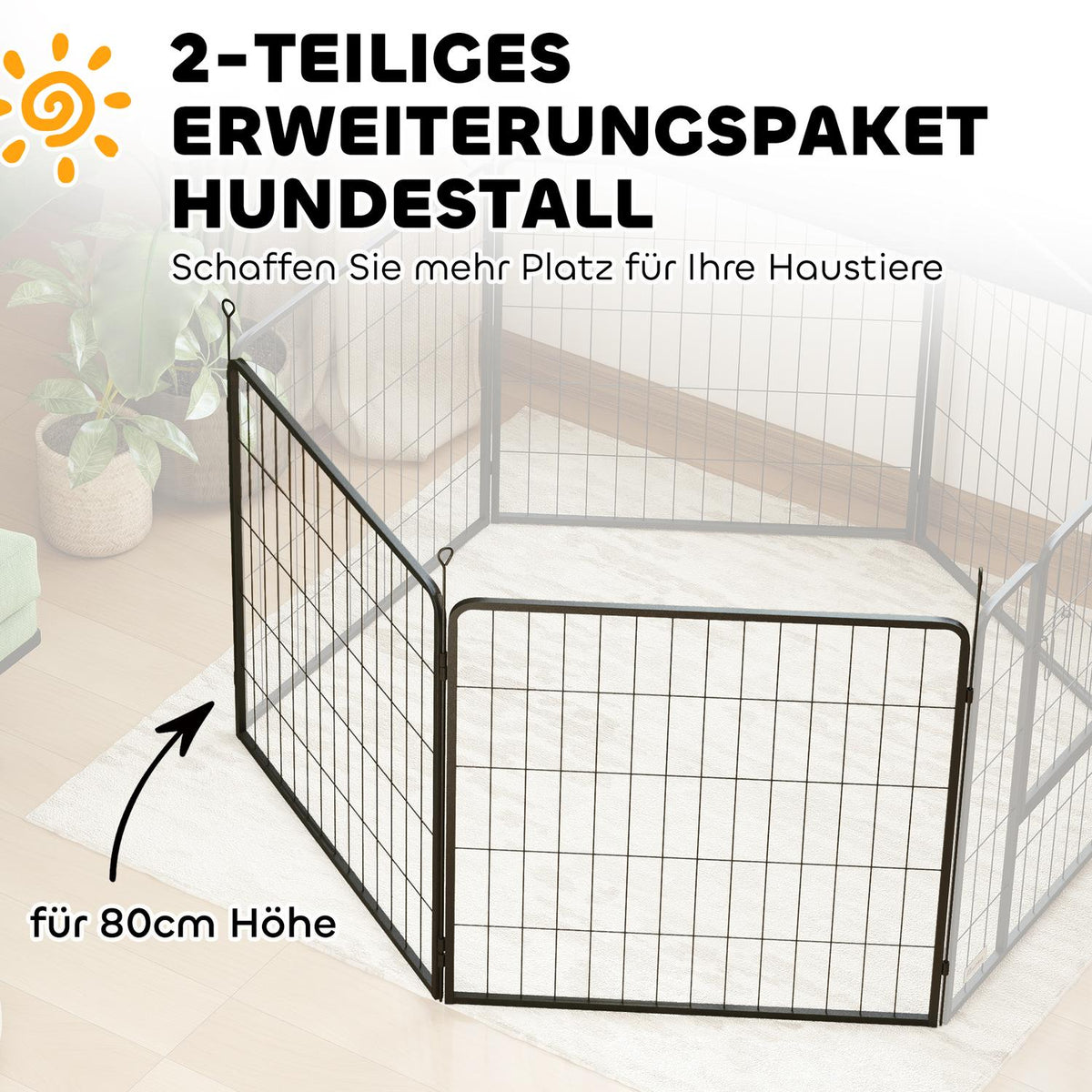 Set of 2 extension 2 dog fence panels for outdoor enclosures, 80 x 80 cm steel puppy fence, for small and medium dogs black