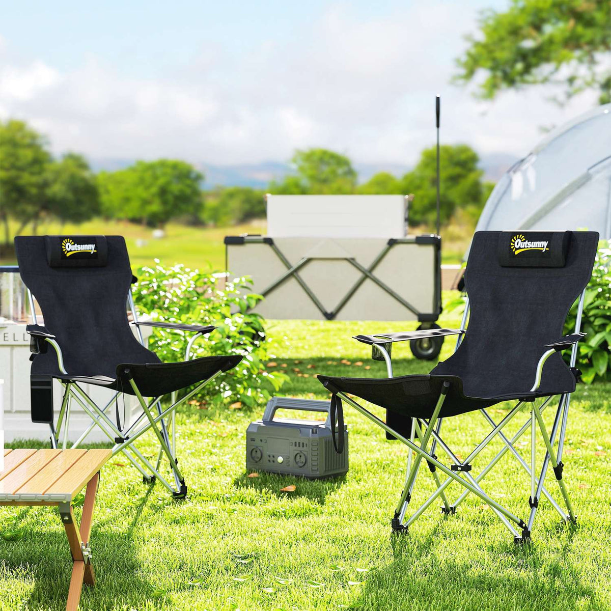 Set of 2 folding camping chairs, fishing chairs with removable footrest, drink holder, headrest, garden chair, load-bearing 120 kg, deck chair for adults, folding chair, beach chair, camping chairs |