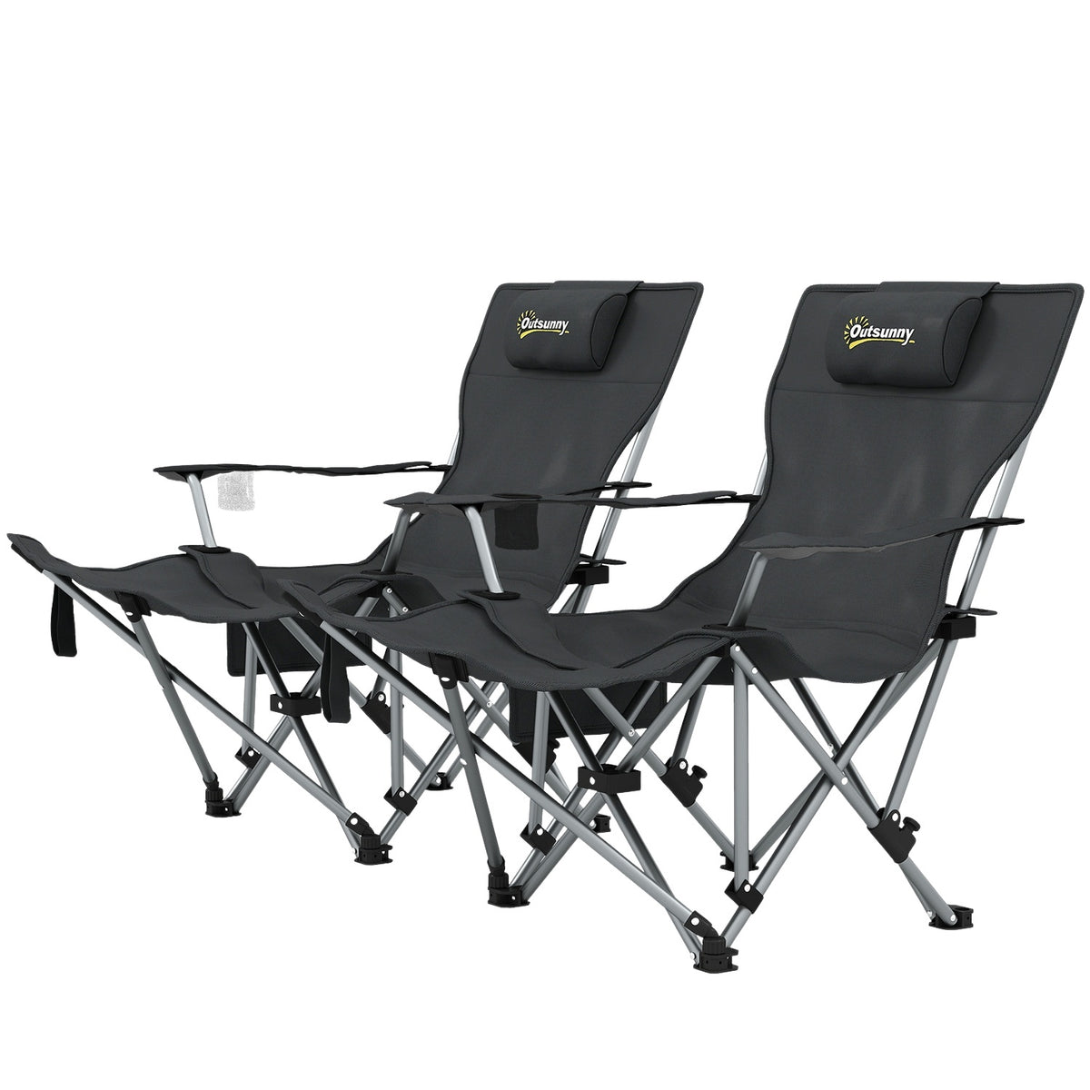 Set of 2 folding camping chairs, fishing chairs with removable footrest, headrest, drink holder, garden chair, load-bearing 120 kg, deck chair for adults, folding chair, camping chairs, beach chair