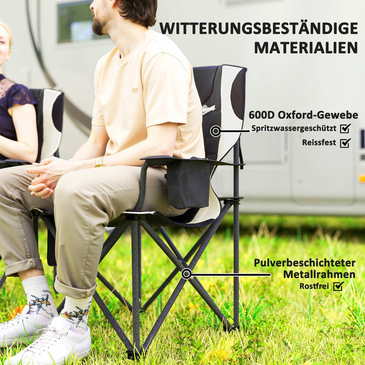 Set of 2 folding camping chairs with armrests, drink holder, headrest, cool bag, outdoor folding chair, load capacity up to 120 kg, padded fishing chair, garden chair for garden camping
