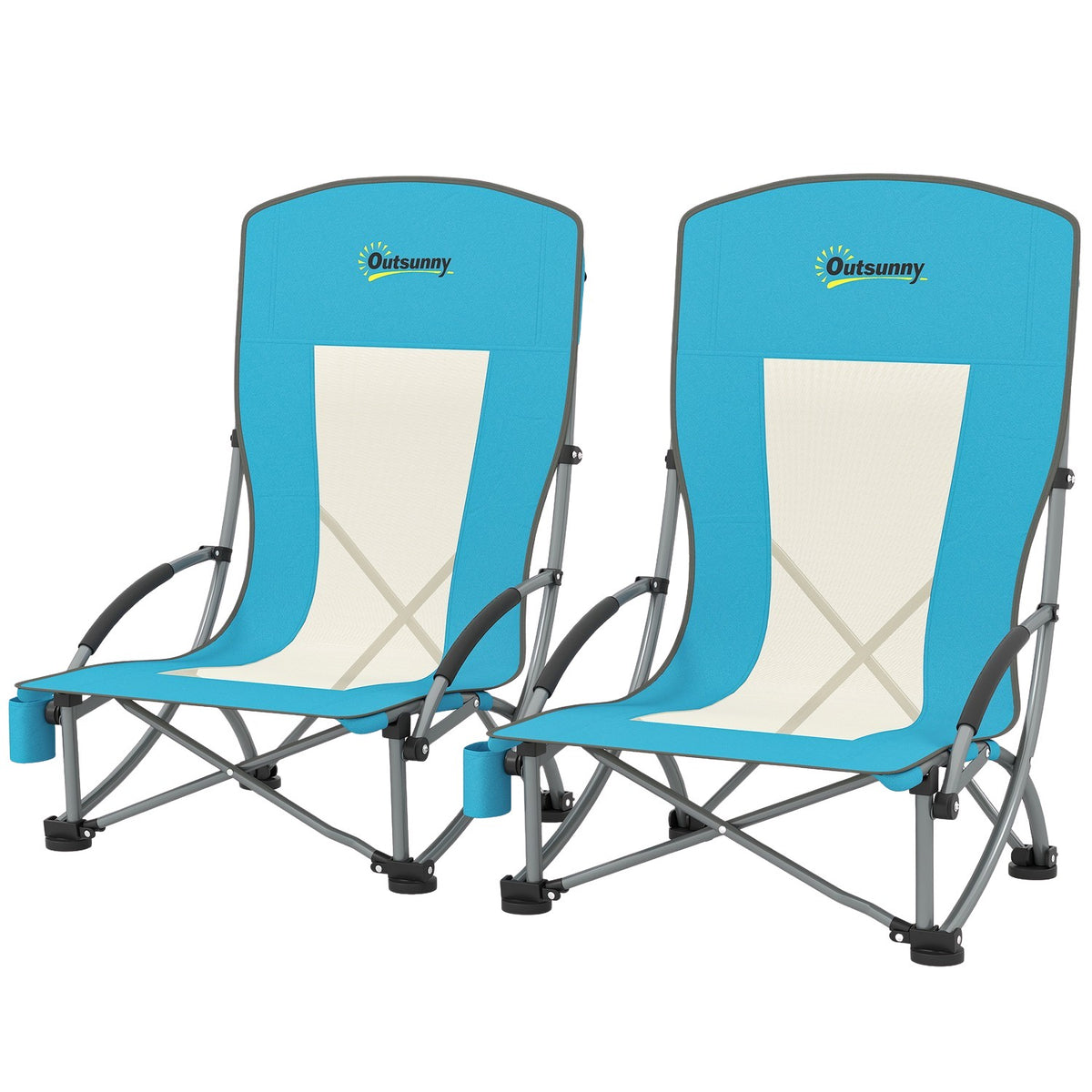 Set of 2 folding camping chairs with cup holder and mesh backrest up to 120 kg, blue