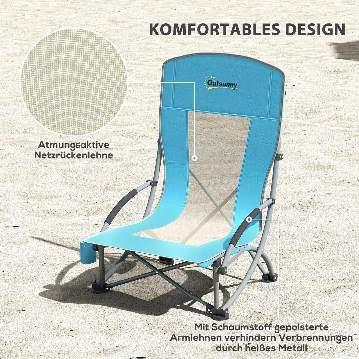 Set of 2 folding camping chairs with cup holder and mesh backrest up to 120 kg, blue