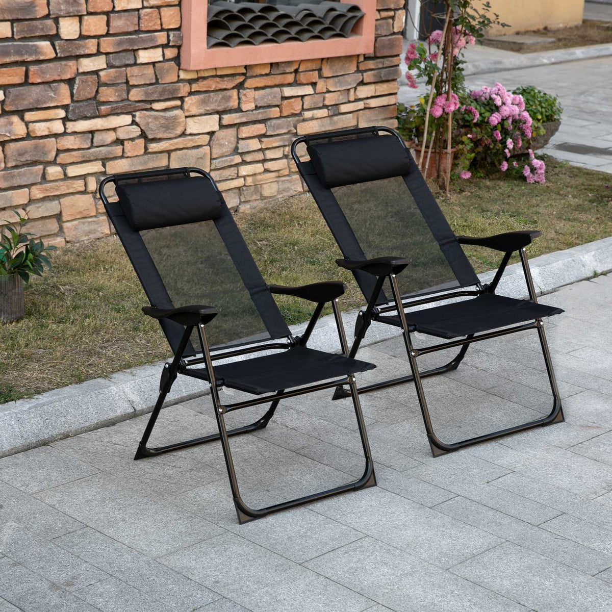 Set of 2 folding garden chairs with adjustable backrest and armrest, camping chair with a load capacity of up to 120 kg for garden and balcony