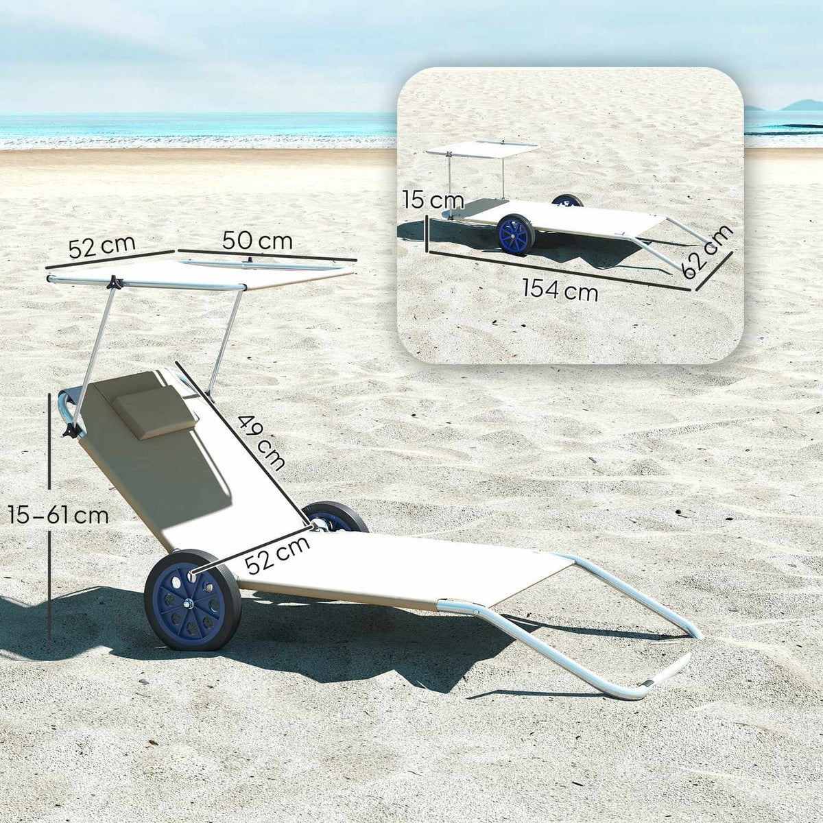 Set of 2 folding sun loungers, garden loungers with pillow roof, roller deck chairs with adjustable backrest, weatherproof camping loungers, garden chairs can hold up to 120 kg, for garden pool, beige