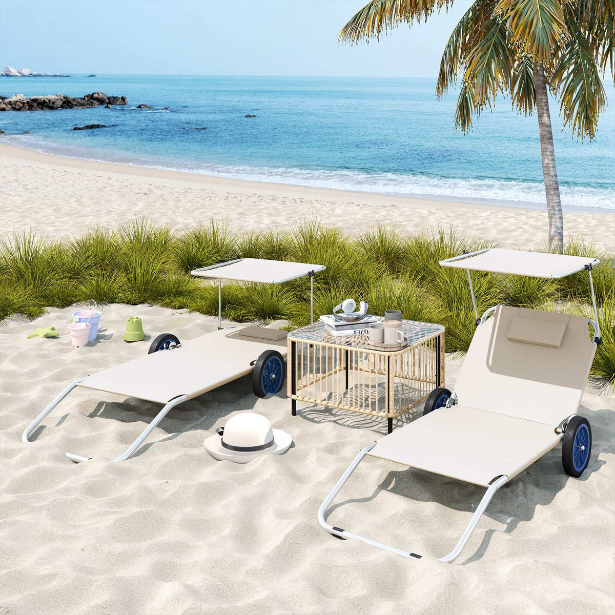 Set of 2 folding sun loungers, garden loungers with pillow roof, roller deck chairs with adjustable backrest, weatherproof camping loungers, garden chairs can hold up to 120 kg, for garden pool, beige