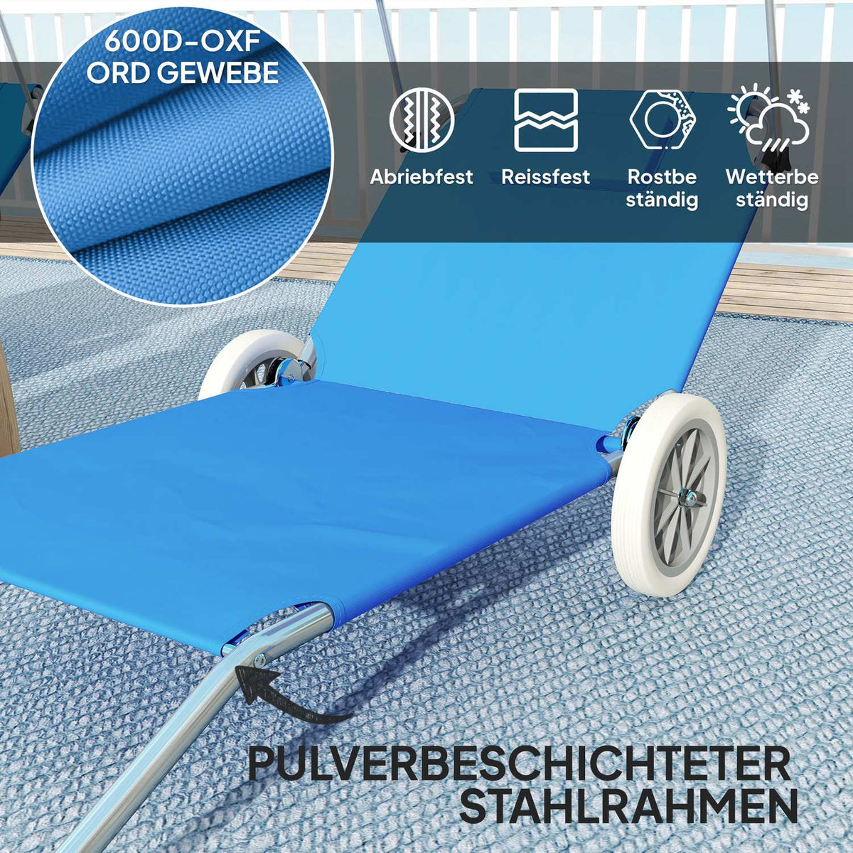 Set of 2 folding sun loungers, garden loungers with pillow roof, roller deck chairs with adjustable backrest, weatherproof camping loungers, garden chairs that can hold up to 120 kg, for garden pools, blue