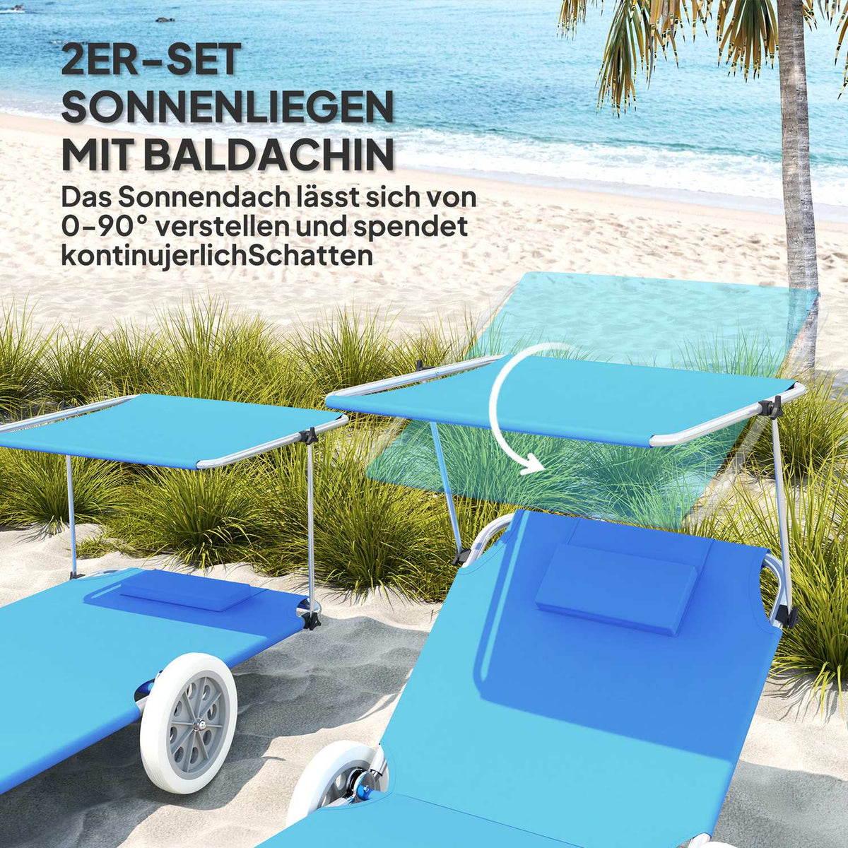 Set of 2 folding sun loungers, garden loungers with pillow roof, roller deck chairs with adjustable backrest, weatherproof camping loungers, garden chairs that can hold up to 120 kg, for garden pools, blue