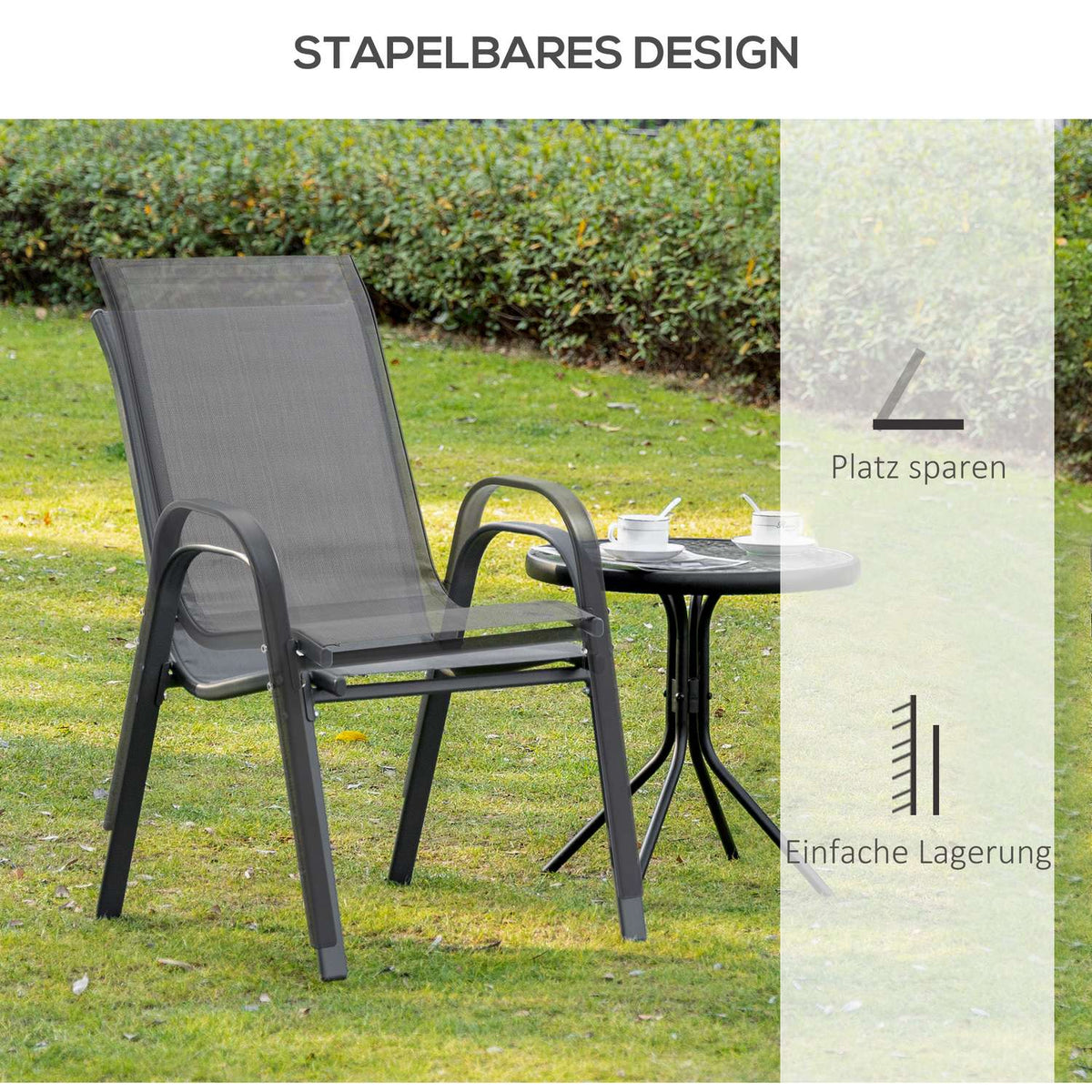 Set of 2 garden chairs stacking chairs with armrests metal mesh fabric gray 70x54x90cm for patio and garden furniture