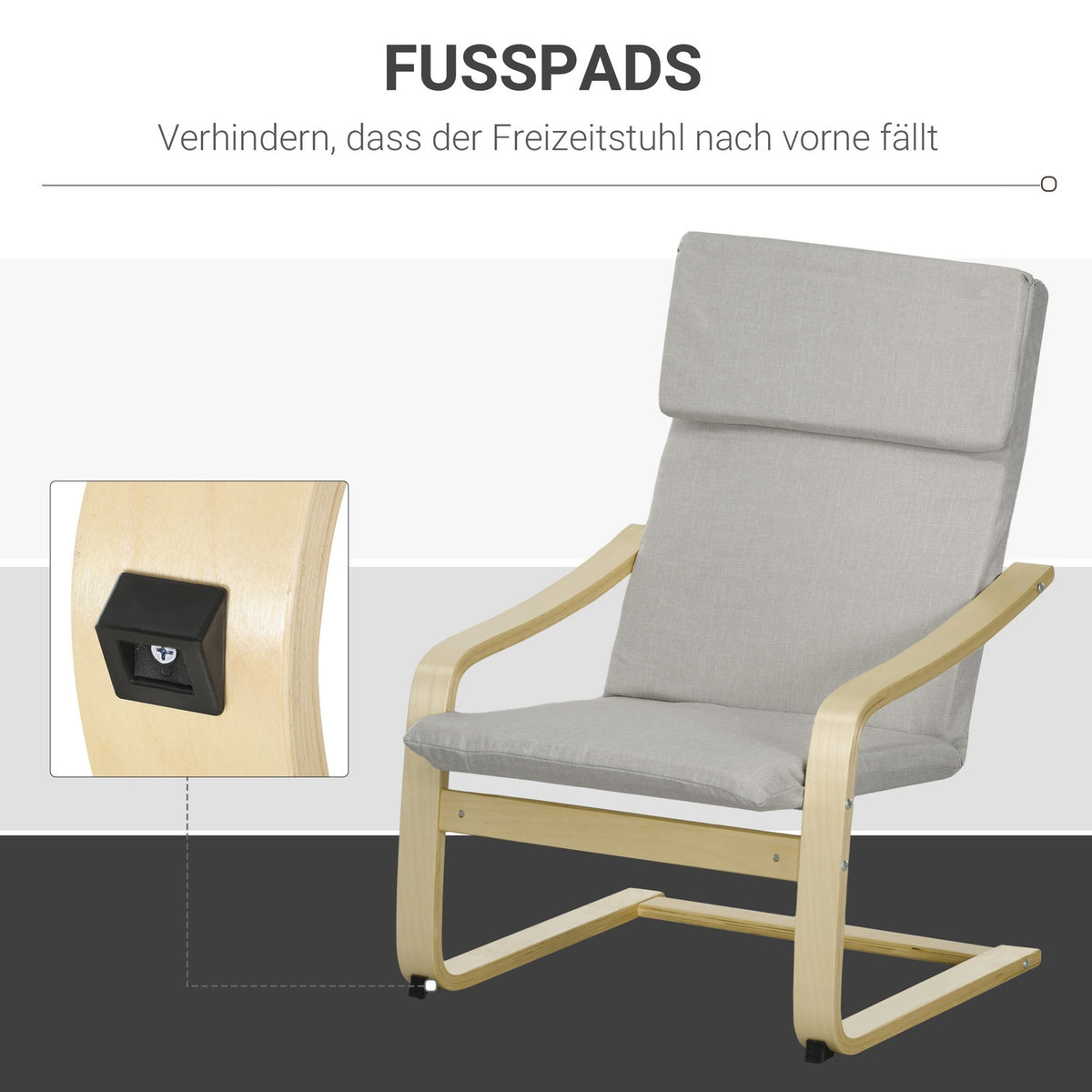 Set of 2 lounge chairs with stool, with armrest, headrest, linen cover, foot pad, polyester, eucalyptus, 66.5 x 80 x 99 cm, light gray