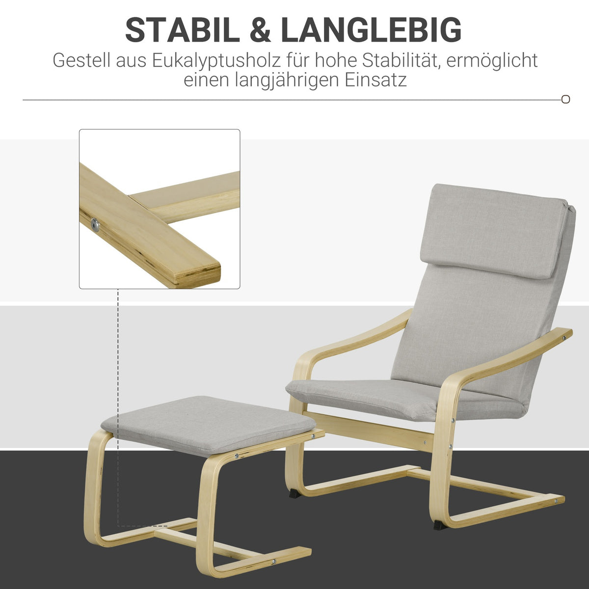 Set of 2 lounge chairs with stool, with armrest, headrest, linen cover, foot pad, polyester, eucalyptus, 66.5 x 80 x 99 cm, light gray