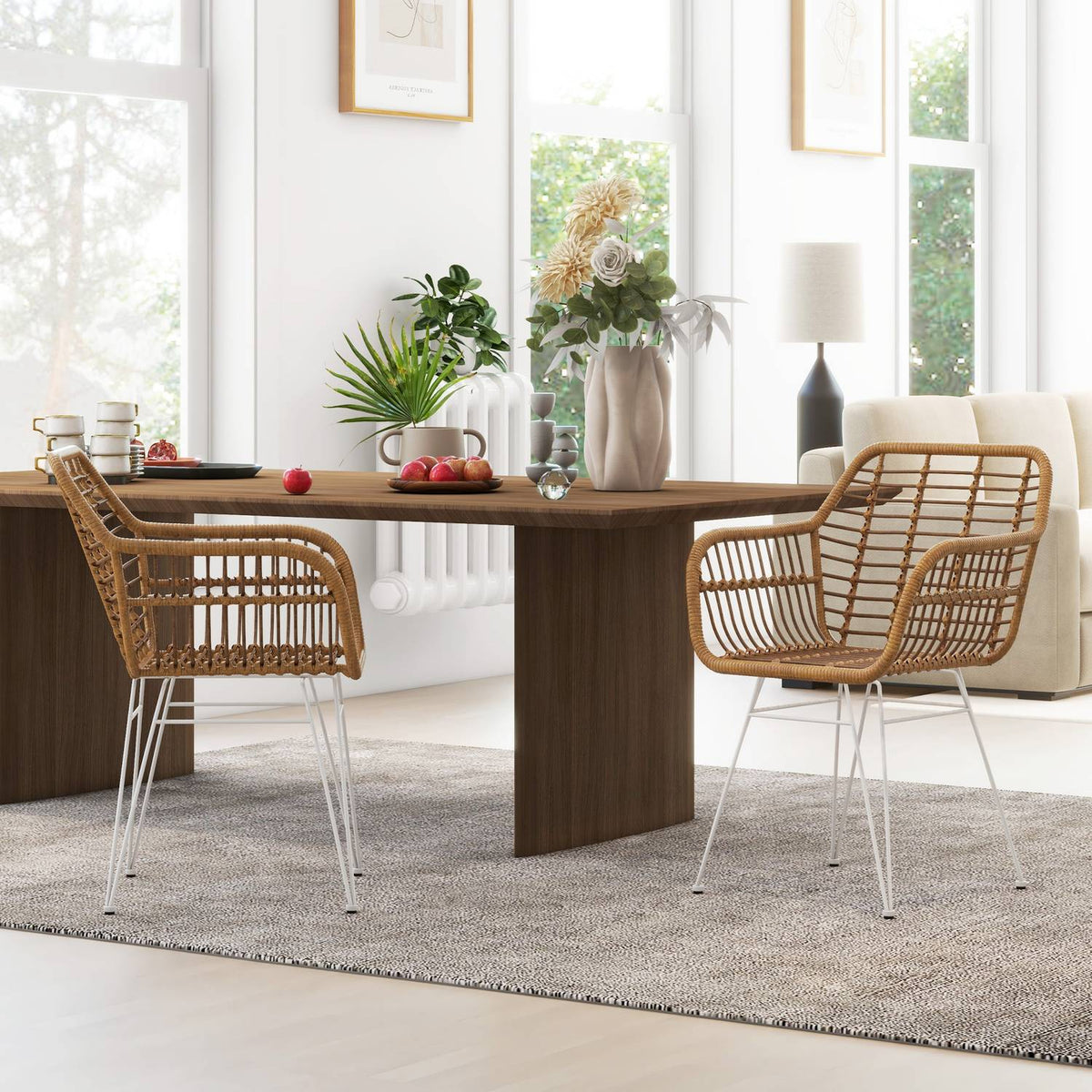 Set of 2 rattan dining room chairs, load capacity 120 kg, ergonomic, with backrest, steel legs, in boho style, 56 x 60 x 79 cm, natural
