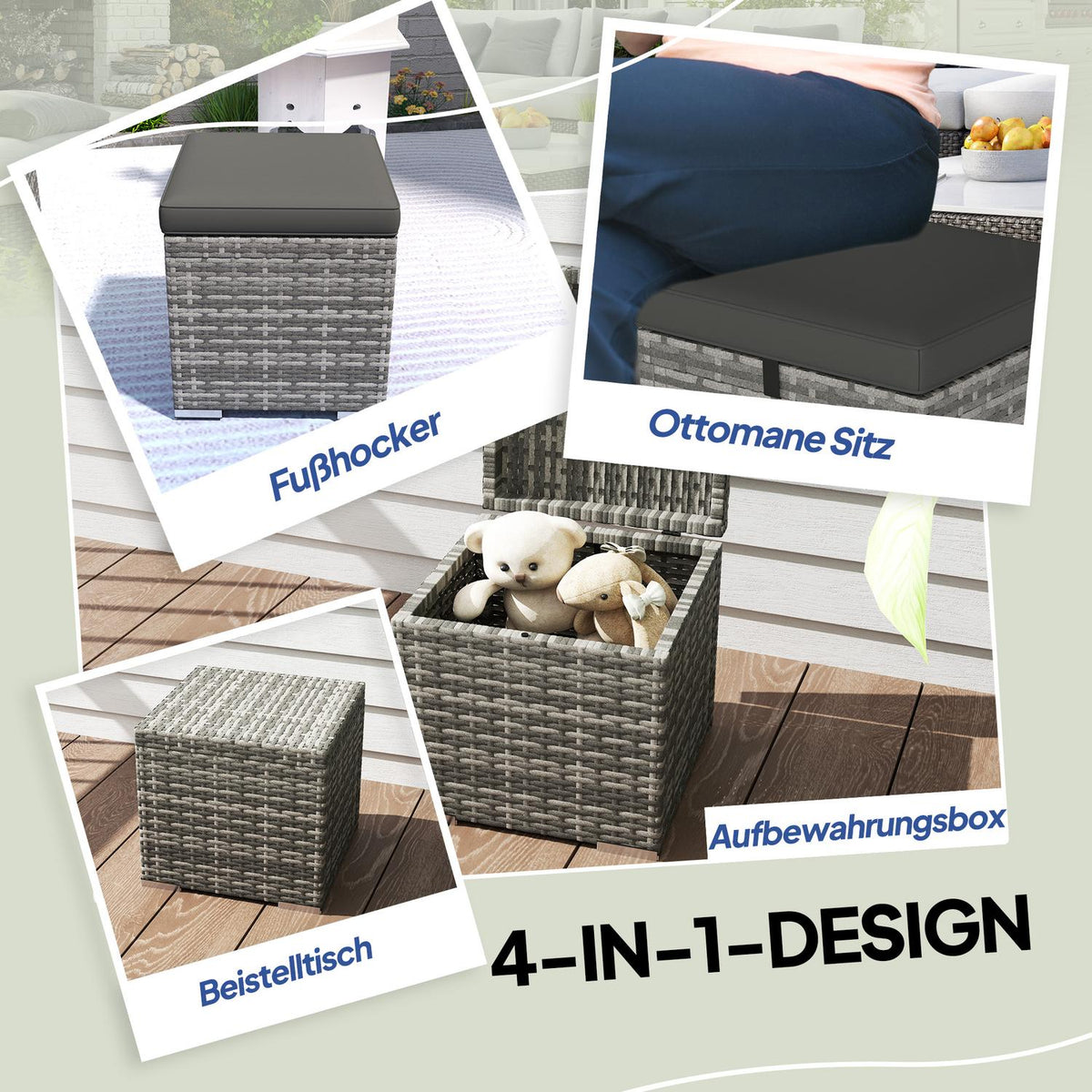 Set of 2 rattan stools with rattan look, storage space, cushion lid, 120 kg, load-bearing, weatherproof, garden stool, footstool, garden furniture for outdoor garden, terrace, 40 x 40 x 41 cm, dark gray