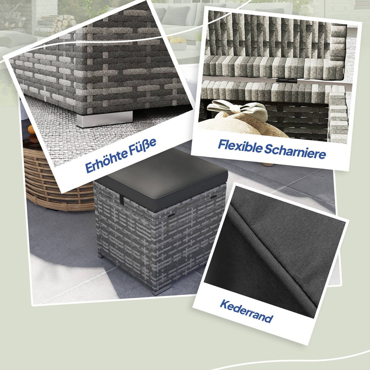Set of 2 rattan stools with rattan look, storage space, cushion lid, 120 kg, load-bearing, weatherproof, garden stool, footstool, garden furniture for outdoor garden, terrace, 40 x 40 x 41 cm, dark gray
