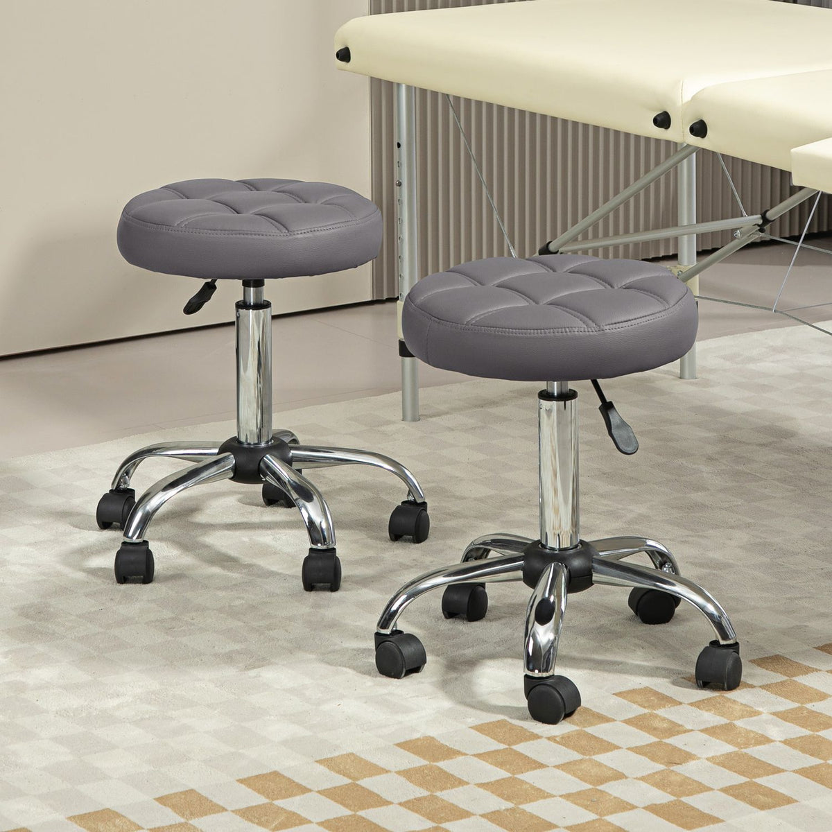 Set of 2 rolling stools, diameter 35.5 x 48-63 cm, height-adjustable swivel stool, rotating work stool with wheels, salon stool for living room, office