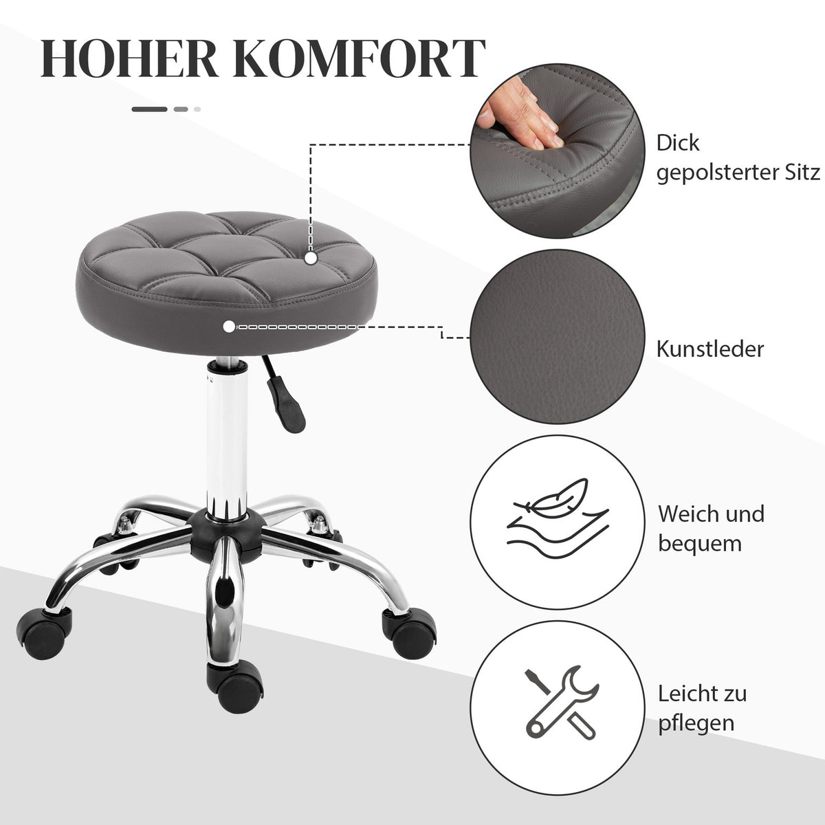 Set of 2 rolling stools, diameter 35.5 x 48-63 cm, height-adjustable swivel stool, rotating work stool with wheels, salon stool for living room, office
