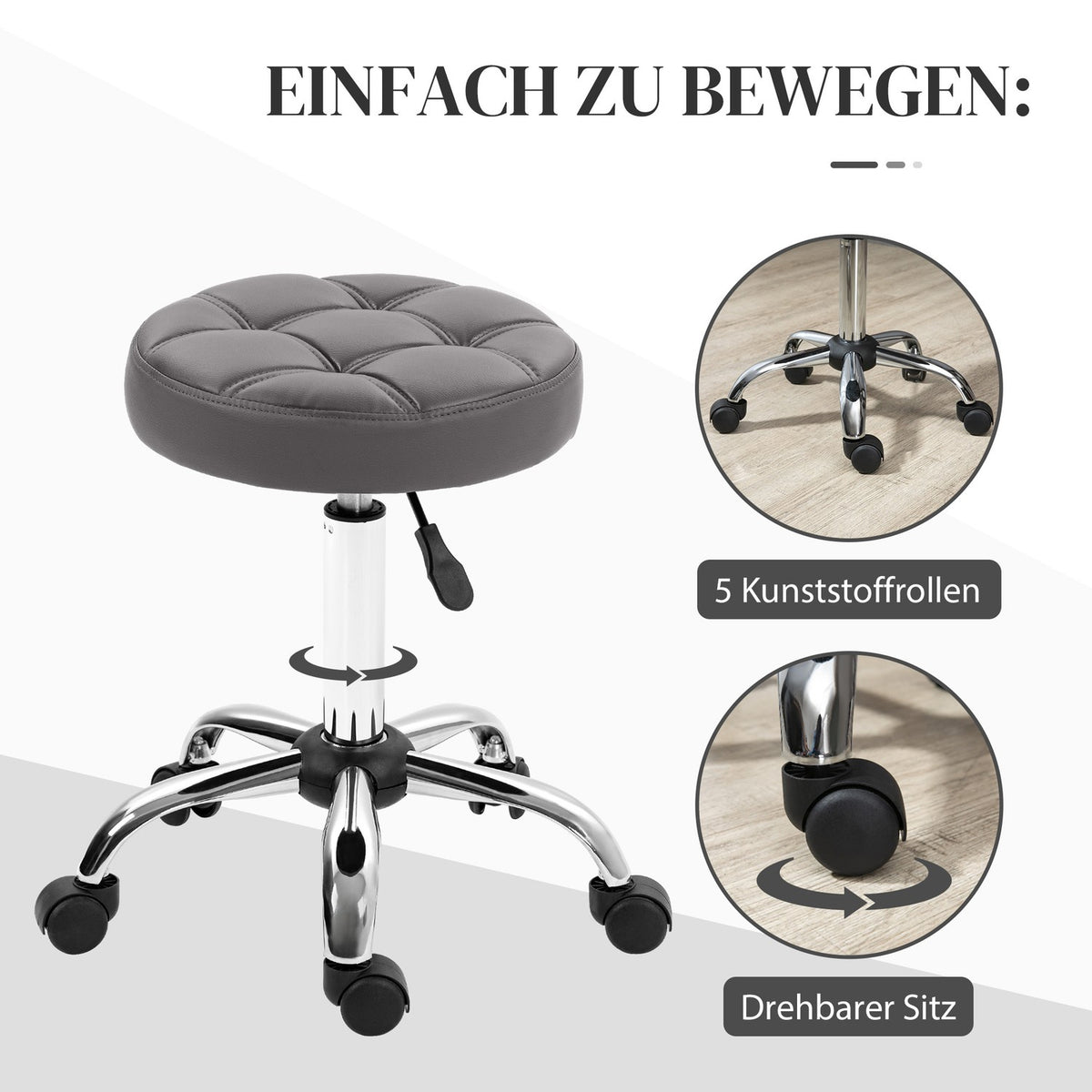 Set of 2 rolling stools, diameter 35.5 x 48-63 cm, height-adjustable swivel stool, rotating work stool with wheels, salon stool for living room, office