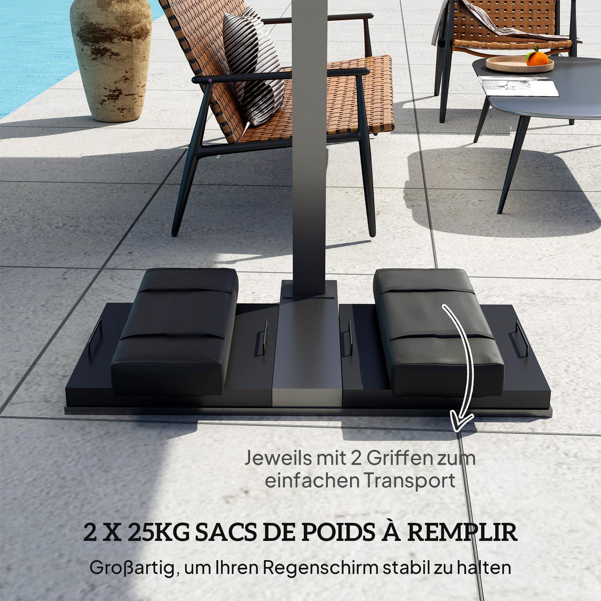 Set of 2 sandbags for parasols that can be filled up to 25 kg. Sandbag for umbrella stands, 600D Oxford weighted for filling, weighted umbrella base weight for outdoor umbrella stands, black