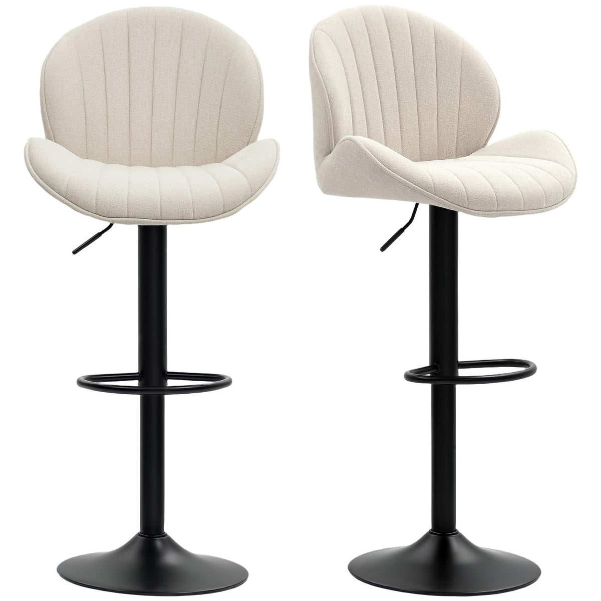Set of 2 shell-shaped bar stools with adjustable backrest and footrest, steel frame, beige