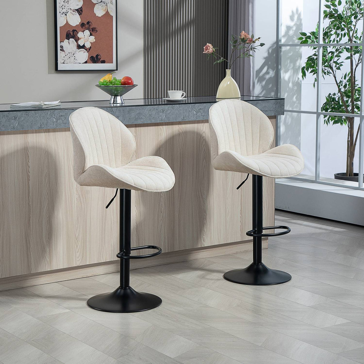 Set of 2 shell-shaped bar stools with adjustable backrest and footrest, steel frame, beige