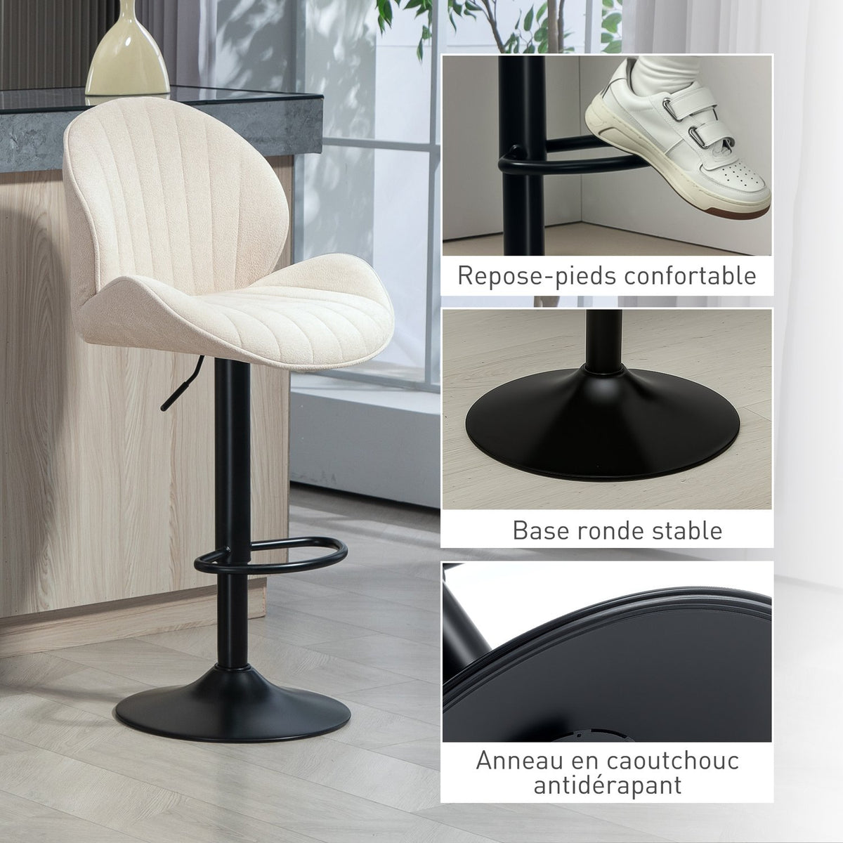 Set of 2 shell-shaped bar stools with adjustable backrest and footrest, steel frame, beige