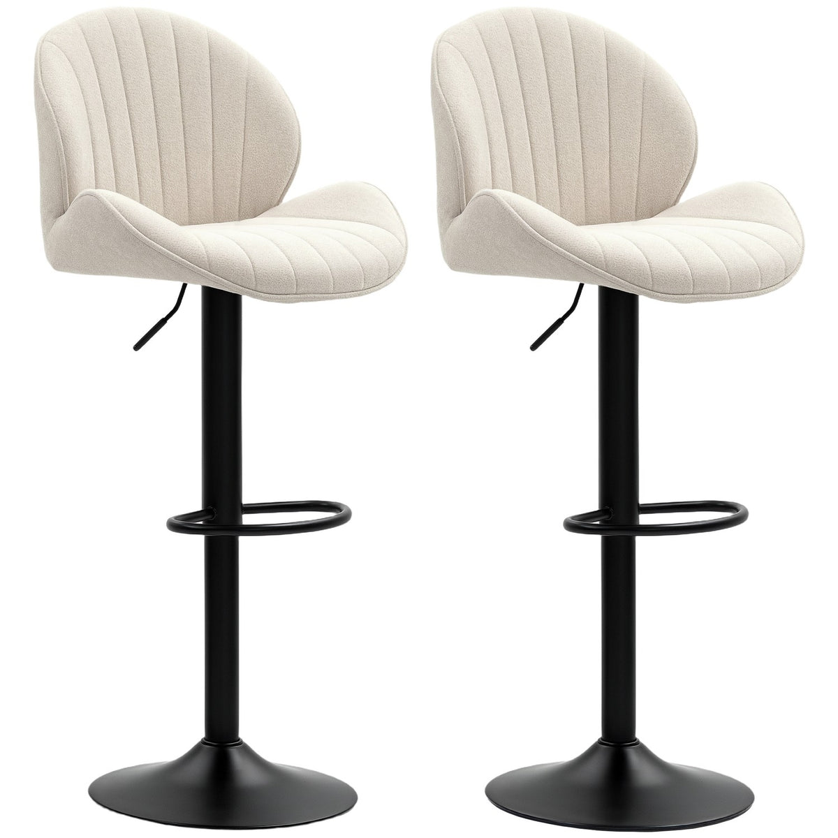Set of 2 shell-shaped bar stools with adjustable backrest and footrest, steel frame, beige