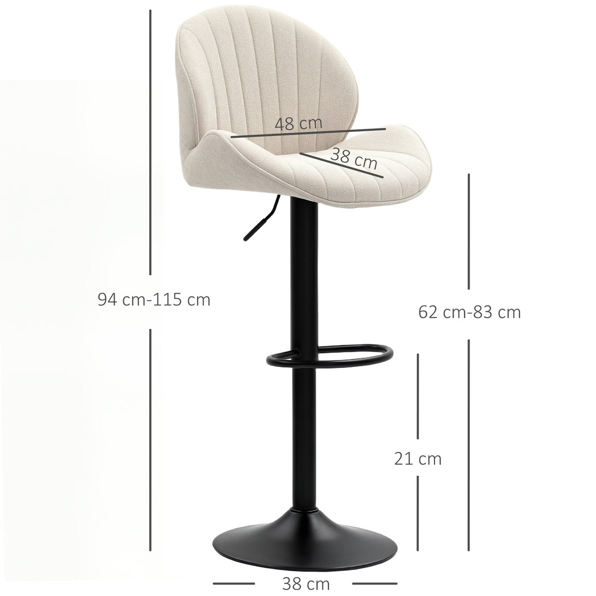 Set of 2 shell-shaped bar stools with adjustable backrest and footrest, steel frame, beige