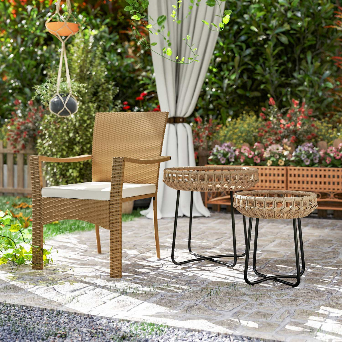 Set of 2 side tables polyrattan Ø60/41 cm round weatherproof garden table with X-legs adjustable foot pads outdoor balcony table coffee table garden furniture for garden, balcony brown |