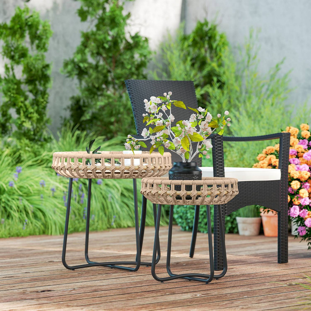 Set of 2 side tables polyrattan Ø60/41 cm round weatherproof garden table with X-legs adjustable foot pads outdoor balcony table coffee table garden furniture for garden, balcony brown |