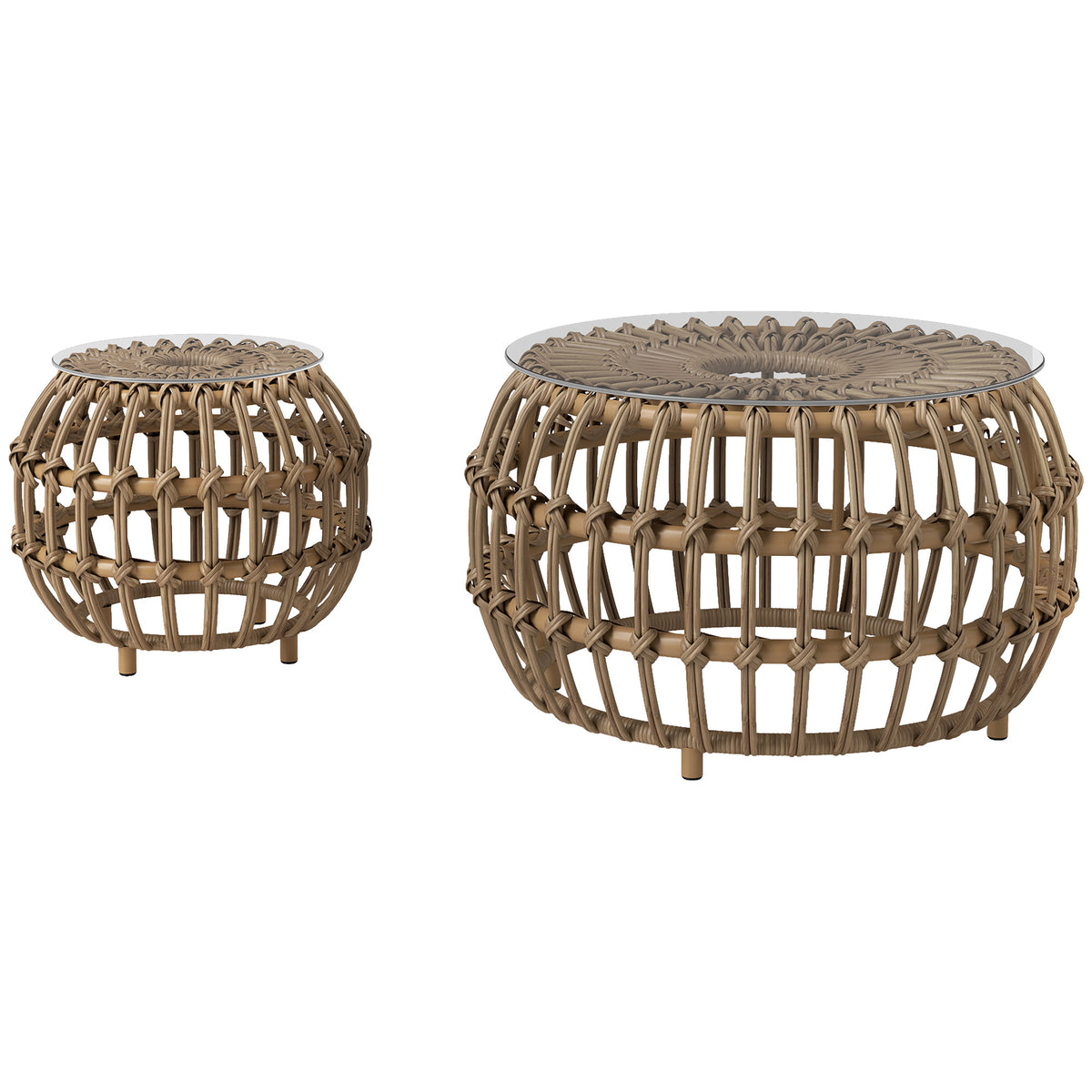 Set of 2 side tables polyrattan Ø66/42 cm round weatherproof garden table with glass top outdoor balcony table coffee table garden furniture for garden, balcony brown |