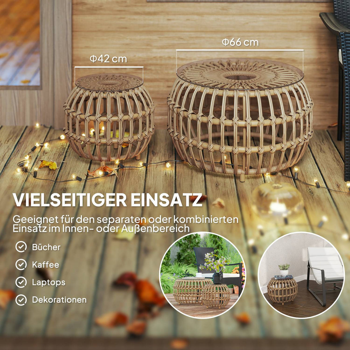 Set of 2 side tables polyrattan Ø66/42 cm round weatherproof garden table with glass top outdoor balcony table coffee table garden furniture for garden, balcony brown |