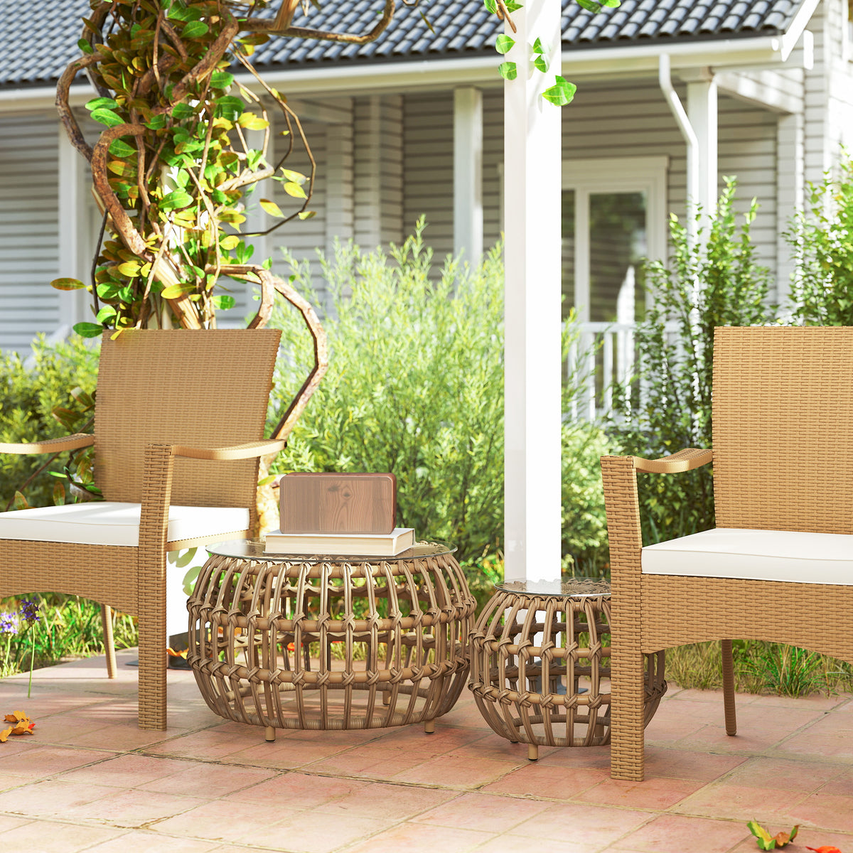 Set of 2 side tables polyrattan Ø66/42 cm round weatherproof garden table with glass top outdoor balcony table coffee table garden furniture for garden, balcony brown |