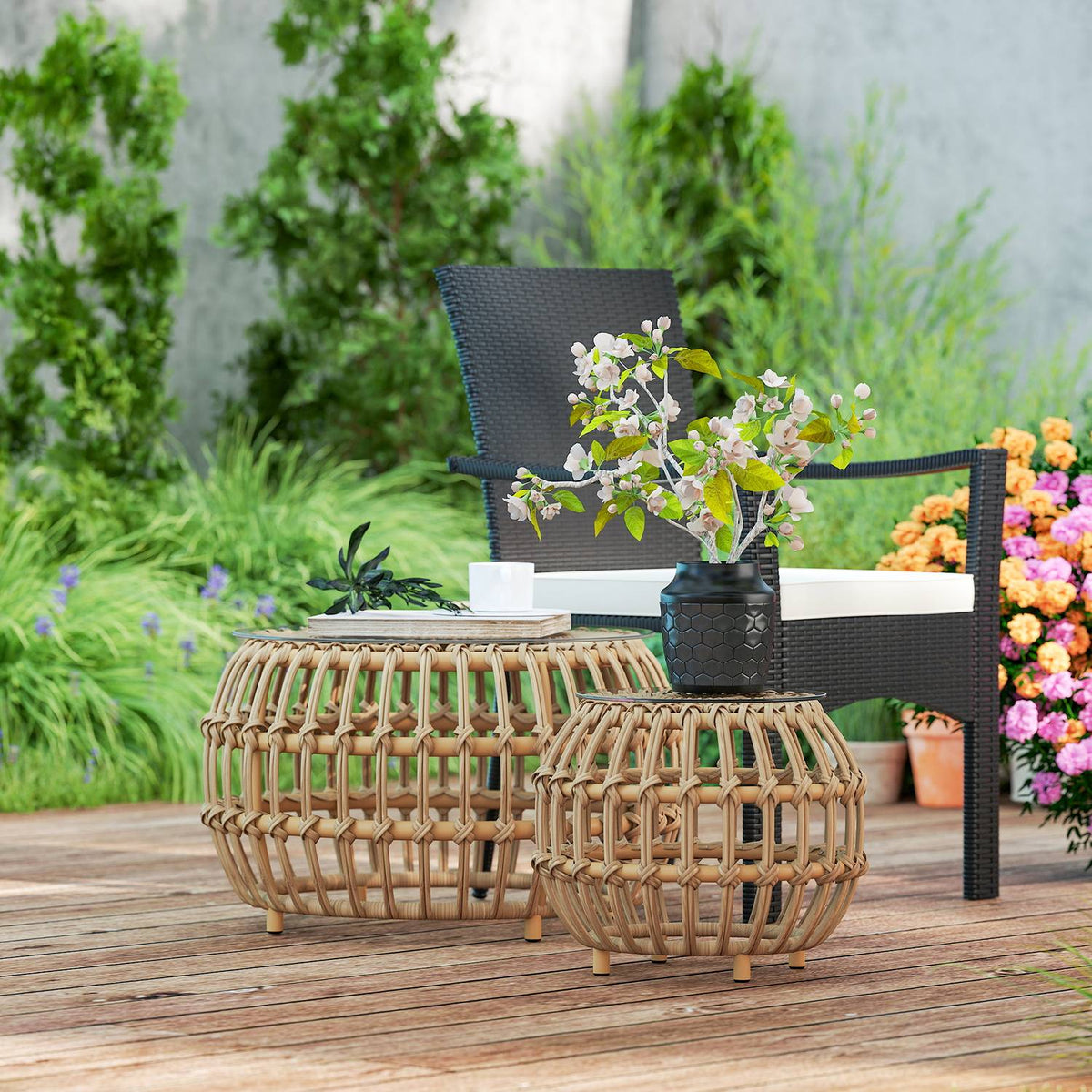 Set of 2 side tables polyrattan Ø66/42 cm round weatherproof garden table with glass top outdoor balcony table coffee table garden furniture for garden, balcony brown |