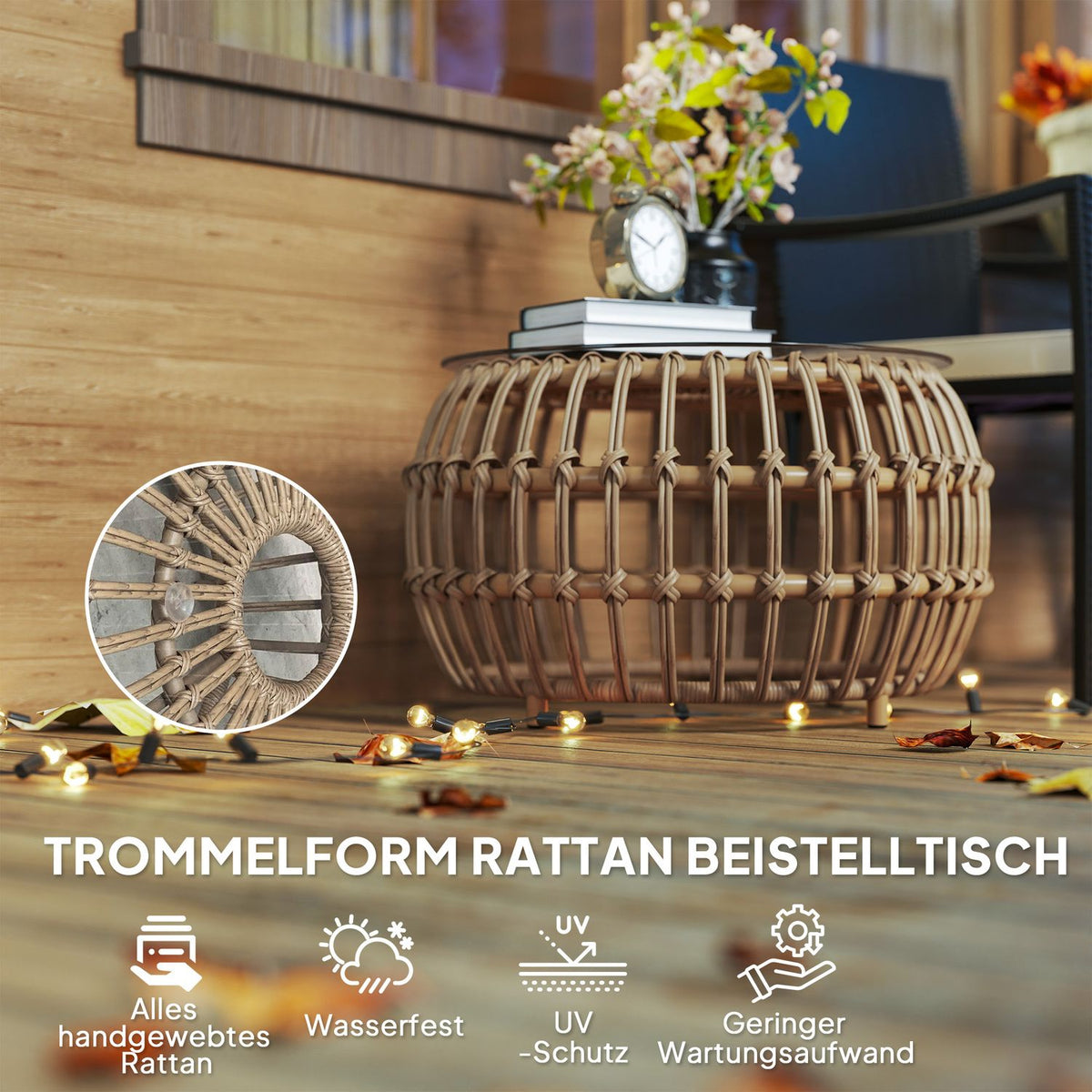 Set of 2 side tables polyrattan Ø66/42 cm round weatherproof garden table with glass top outdoor balcony table coffee table garden furniture for garden, balcony brown |