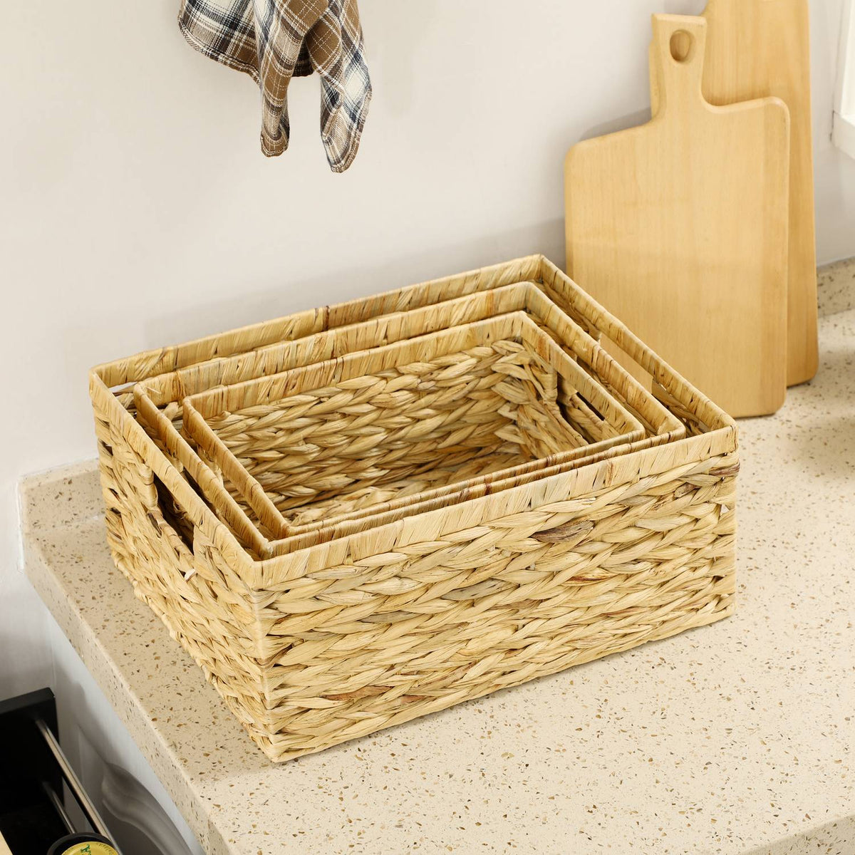 Set of 3 Storage Baskets, Woven Water Hyacinth Baskets for Storage and Organizing, Living Room, Kitchen, Bedroom, 40x30x18cm, Natural Wood