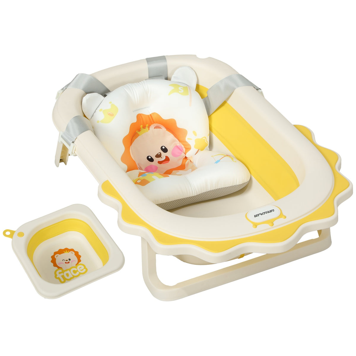 Set of 3 baby bathtubs, foldable baby bathtub with lion patterns, non-slip baby bathtub with bath cushion, bath basin, shower tray for toddlers 0-3 years, yellow