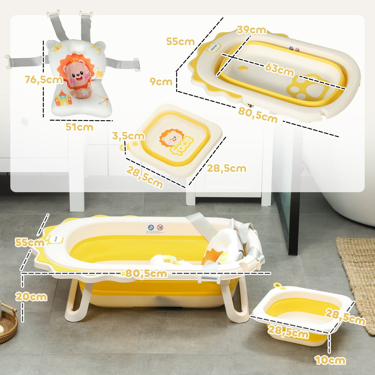 Set of 3 baby bathtubs, foldable baby bathtub with lion patterns, non-slip baby bathtub with bath cushion, bath basin, shower tray for toddlers 0-3 years, yellow