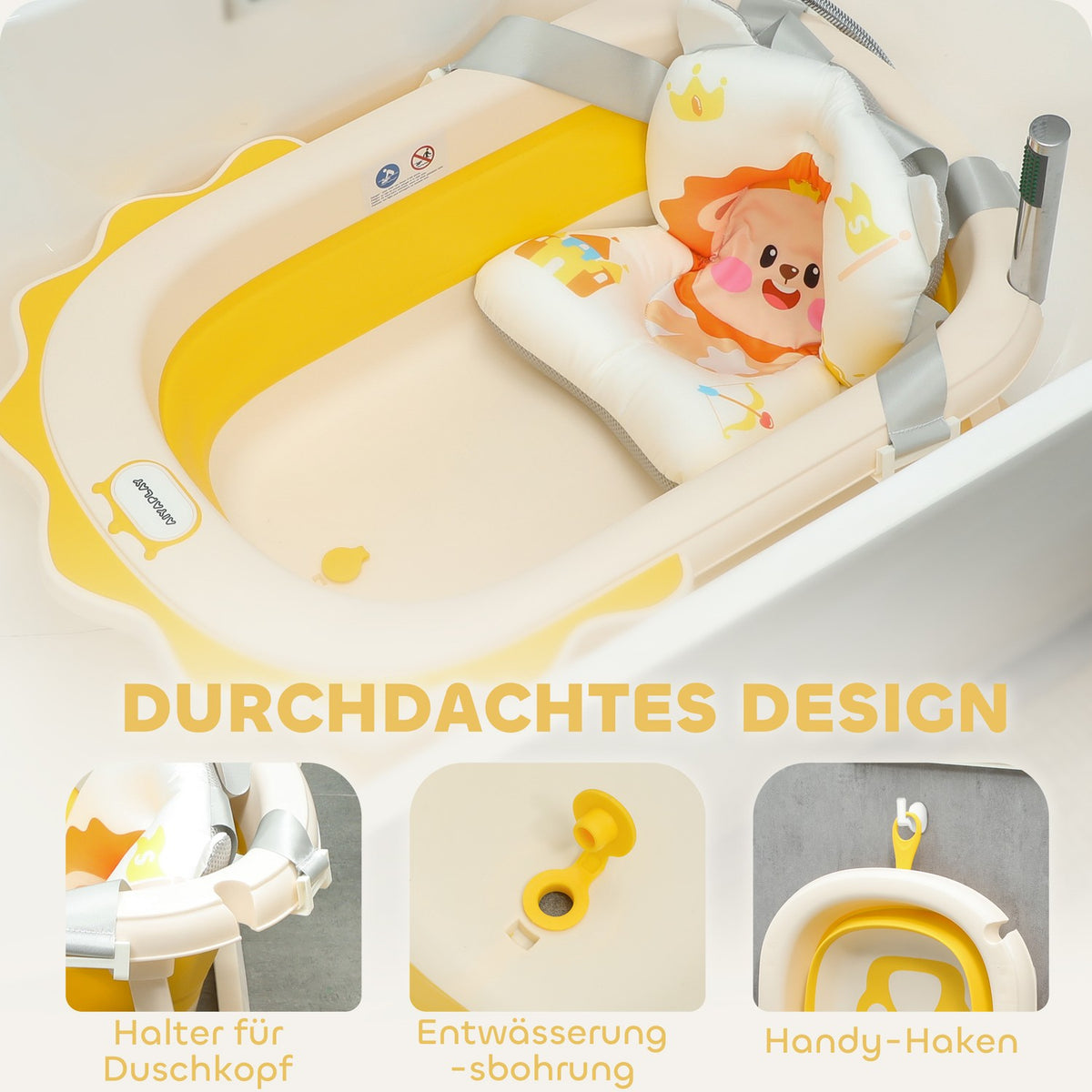 Set of 3 baby bathtubs, foldable baby bathtub with lion patterns, non-slip baby bathtub with bath cushion, bath basin, shower tray for toddlers 0-3 years, yellow