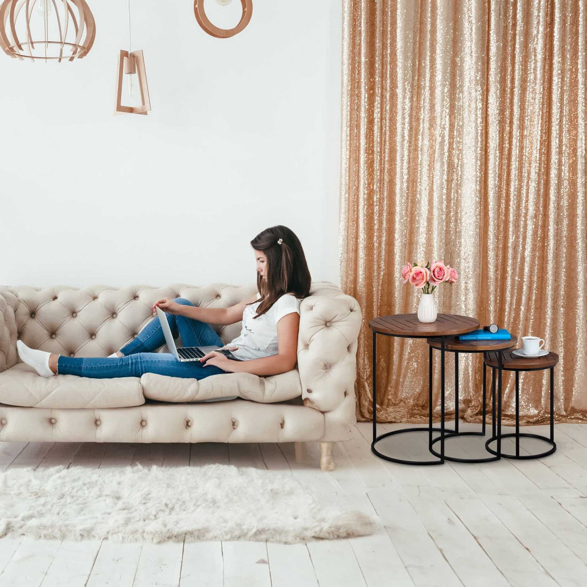 Set of 3 coffee tables in mango and metal