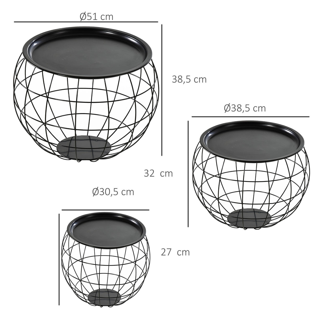 Set of 3 coffee tables, side tables, coffee tables, removable table tops, nesting tables, sofa tables for living room, bedroom, black