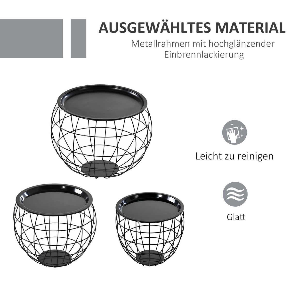 Set of 3 coffee tables, side tables, coffee tables, removable table tops, nesting tables, sofa tables for living room, bedroom, black