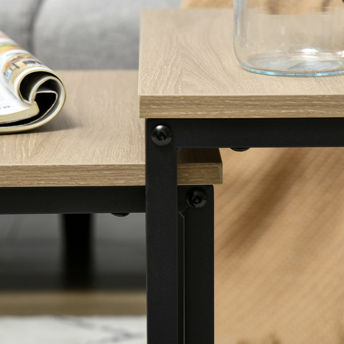 Set of 3 coffee tables, side tables, nesting tables with steel frame, sofa table, coffee table, living room table with wood look, natural