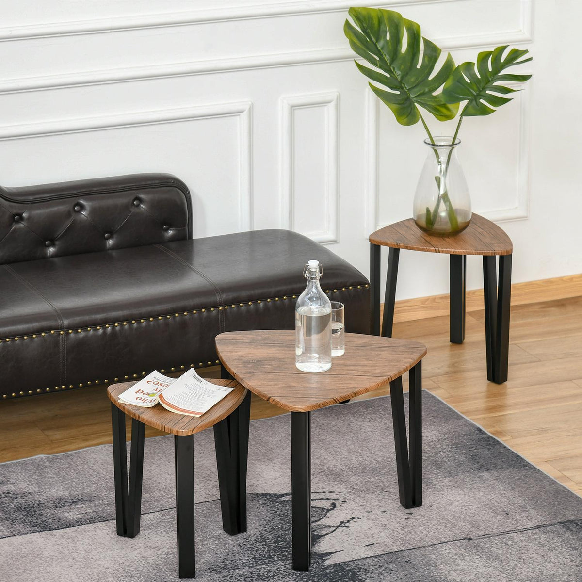 Set of 3 coffee tables, side tables, stacking tables, coffee tables, nesting tables, MDF, natural + black