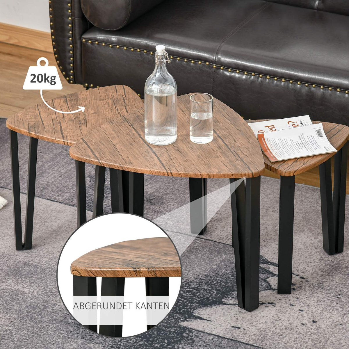 Set of 3 coffee tables, side tables, stacking tables, coffee tables, nesting tables, MDF, natural + black