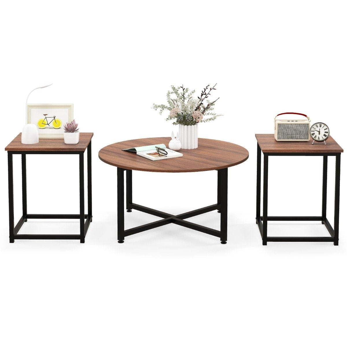 Set of 3 coffee tables with robust metal frame, round coffee table and 2 square side tables, brown