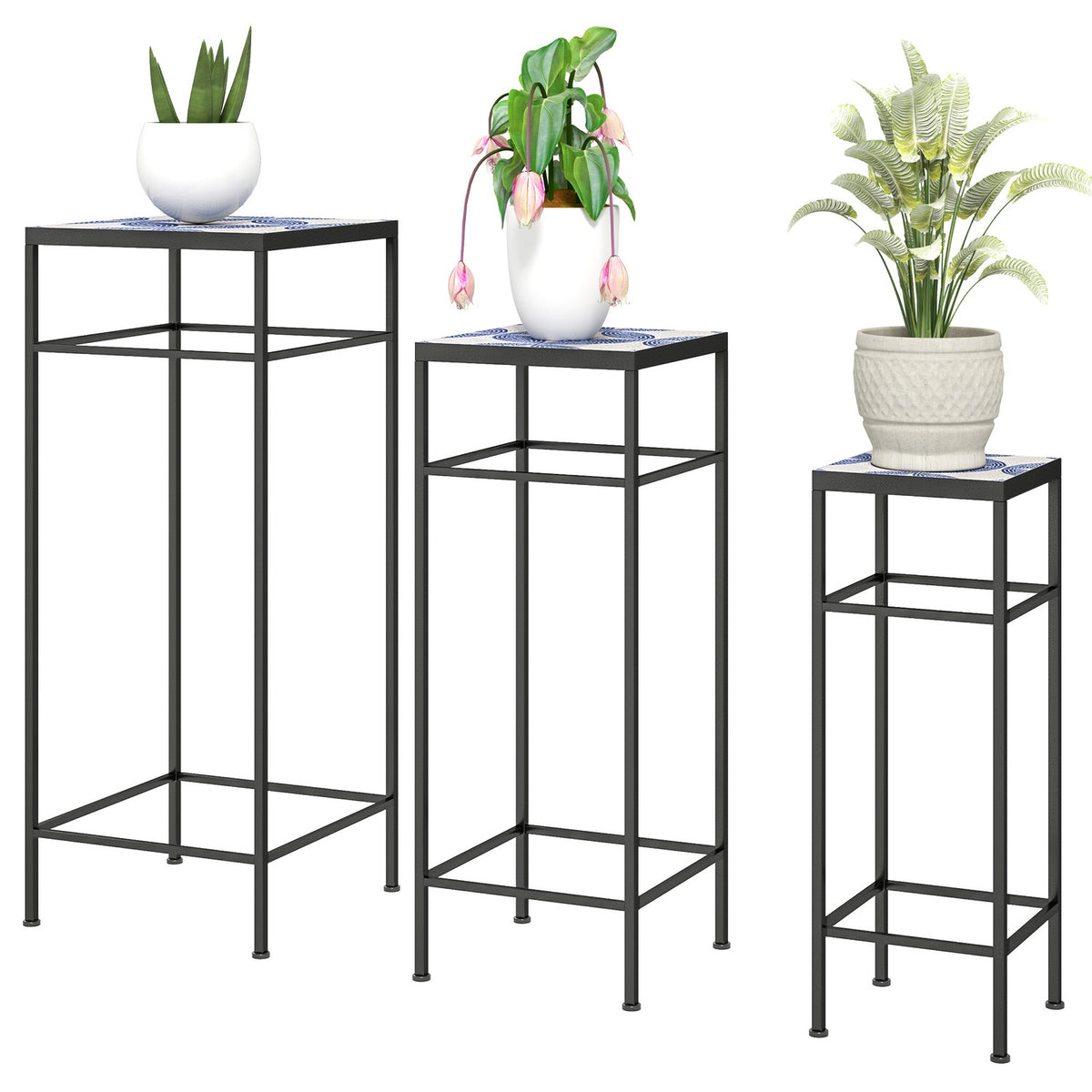 Set of 3 plant stands, 71 cm high flower stand for indoor use, plant shelf made of metal, 3 different sized flower shelves, flower stools, flower pot stands for living room garden balcony blue + white