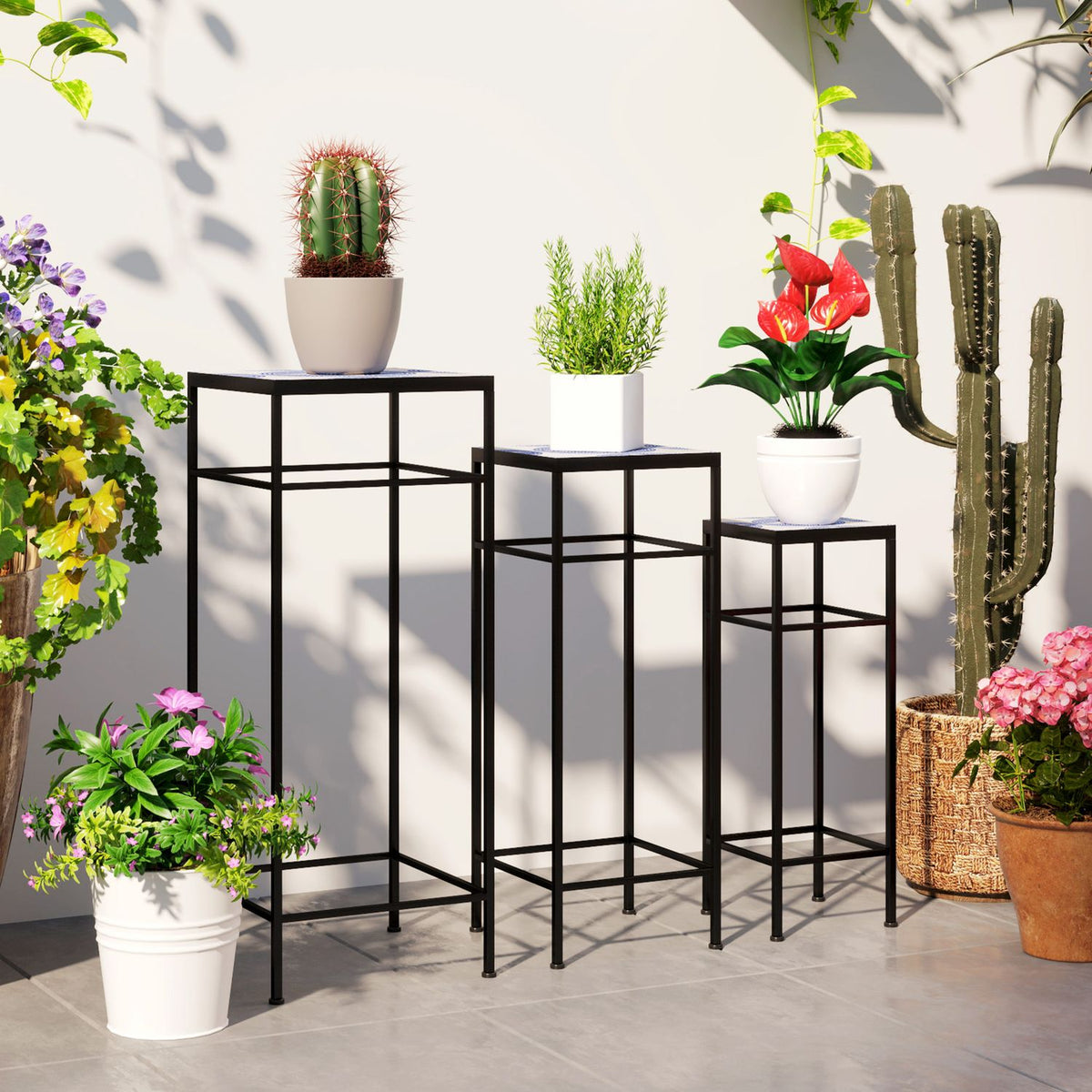 Set of 3 plant stands, 71 cm high flower stand for indoor use, plant shelf made of metal, 3 different sized flower shelves, flower stools, flower pot stands for living room garden balcony blue + white
